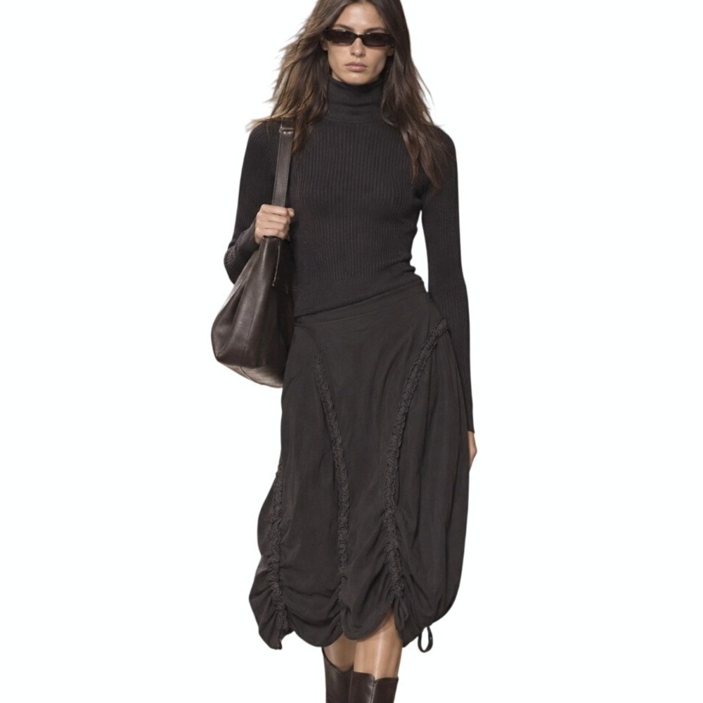 Ruched Asymmetrical Parachute Skirt Midi Cotton Black Lagenlook Boho Artsy Goth